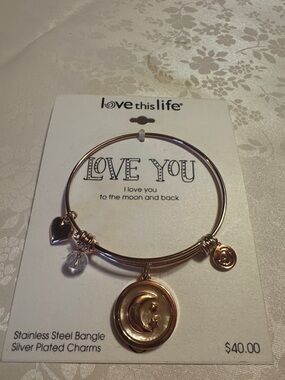 Love This Life Rose Gold Moon & Heart Charm Bangle Bracelet